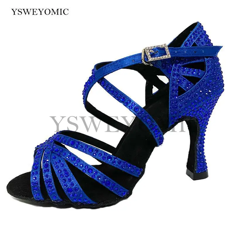 New Navy Blue Rhinestones Latin Salsa Dance Shoes Satin Soft Thicker Insole Customized Heel 10cm 4inch Bachata Latin Dance Shoes