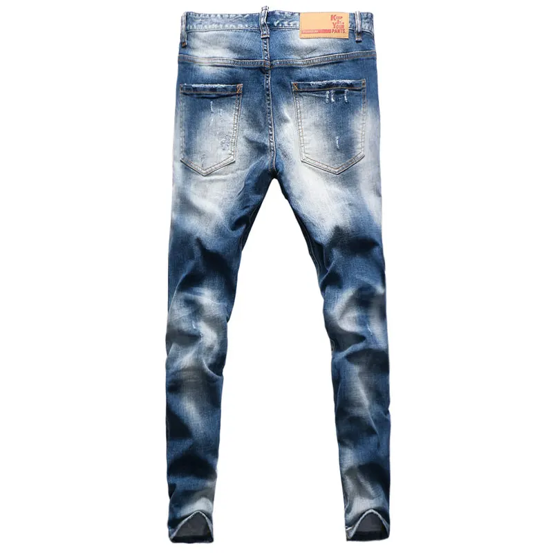 European Street Style Fashion Men Jeans Retro Blue Slim Fit Destroyed Ripped Jeans Men Patches Designer Hip Hop Denim Punk Pants