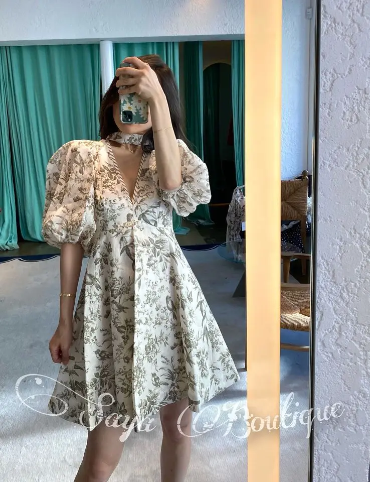 

Women Summer Short Dress 2021 New Printed Sexy V-neck Bow Puff Short Sleeve Dress Lady High Waist Slimming Pleated Party Vestido