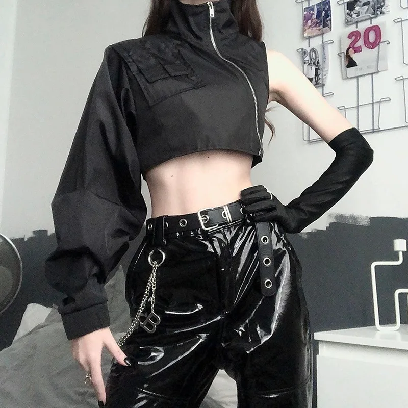 

Sexy One Shoulder Long Sleeve Turtleneck Sweatshirt 2021 New Fashion Gothic Punk Women Irregular Zipper Crop Top Shirt Y2K Goth