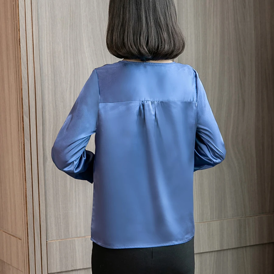 Блузка DICLOUD Женская простой сатин с длинным рукавом и треугольным вырезом