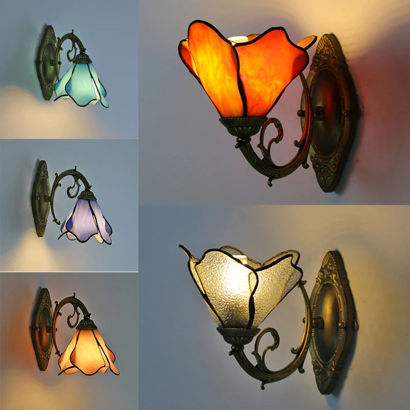 Mediterranean Stained Glass Wall Lamp Modern Bedside Bedroom Tiffany Vintage Lighting Indoor Wall Sconce Mirror Light Fixtures