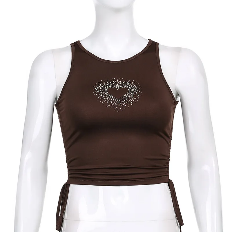 

Vintage Rhinestone Heart Lace-Up Brown Crop Tops 90s Aesthetics Drawstring O-Neck Sleeveless Tank Tops Y2K Streetwear Yuqung