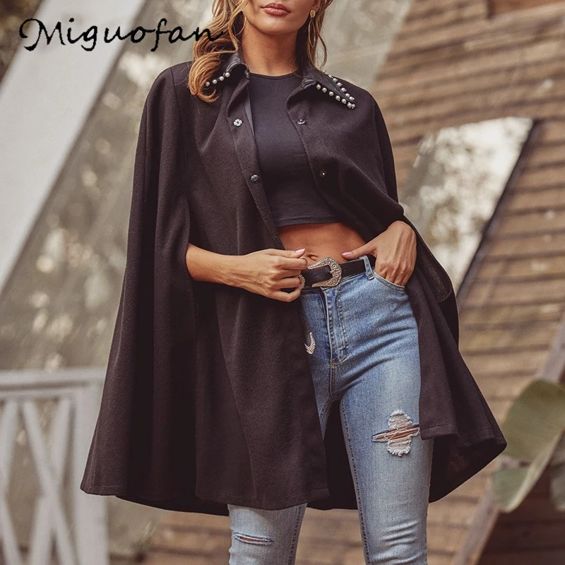 Miguofan женский шерстяной плащ однотонный с жемчужинами свободный теплая куртка