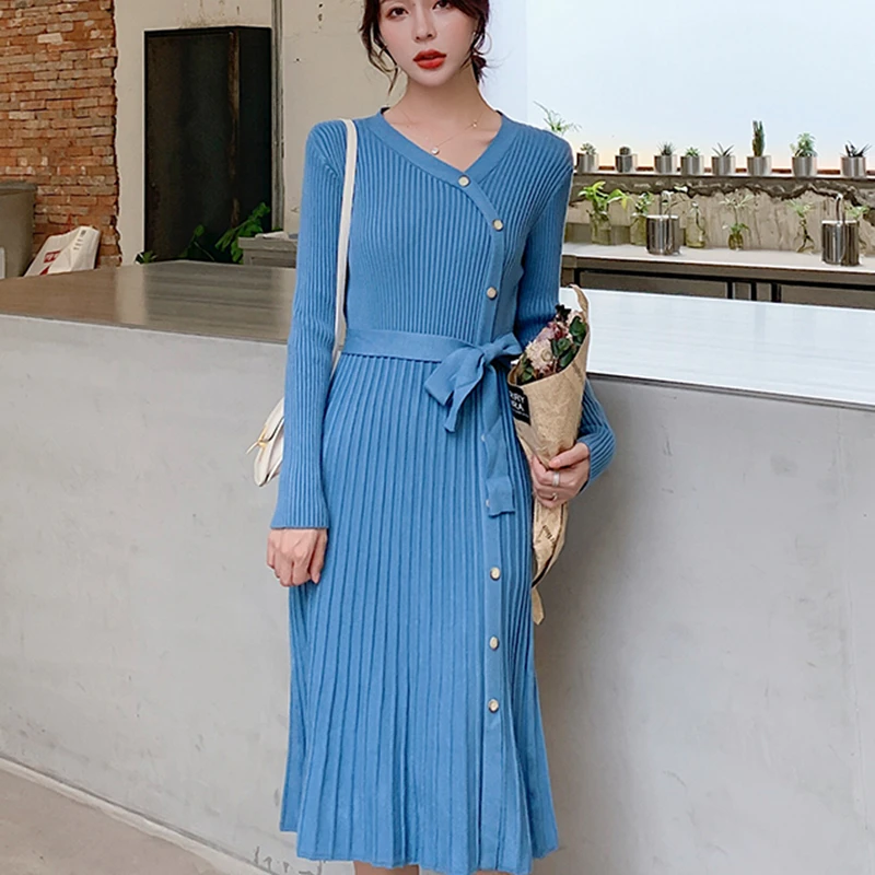 Корейское осеннее платье свитер женские вязаные свитера платья Элегантный