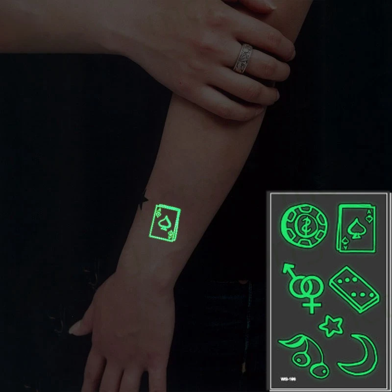 

Glow In Dark Luminous Tattoo Sticker Chips Playing Cards Moon Star Waterproof Temporary The Body Art Party Tatto Stickers