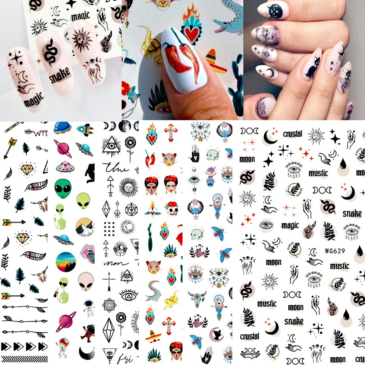 

10PCS Star Moon Nail Art Sticker Crocodile Leopard Nail Art Decoration Flower Diamond Nail Slider Tree Leaf Nail Art Tool Repair