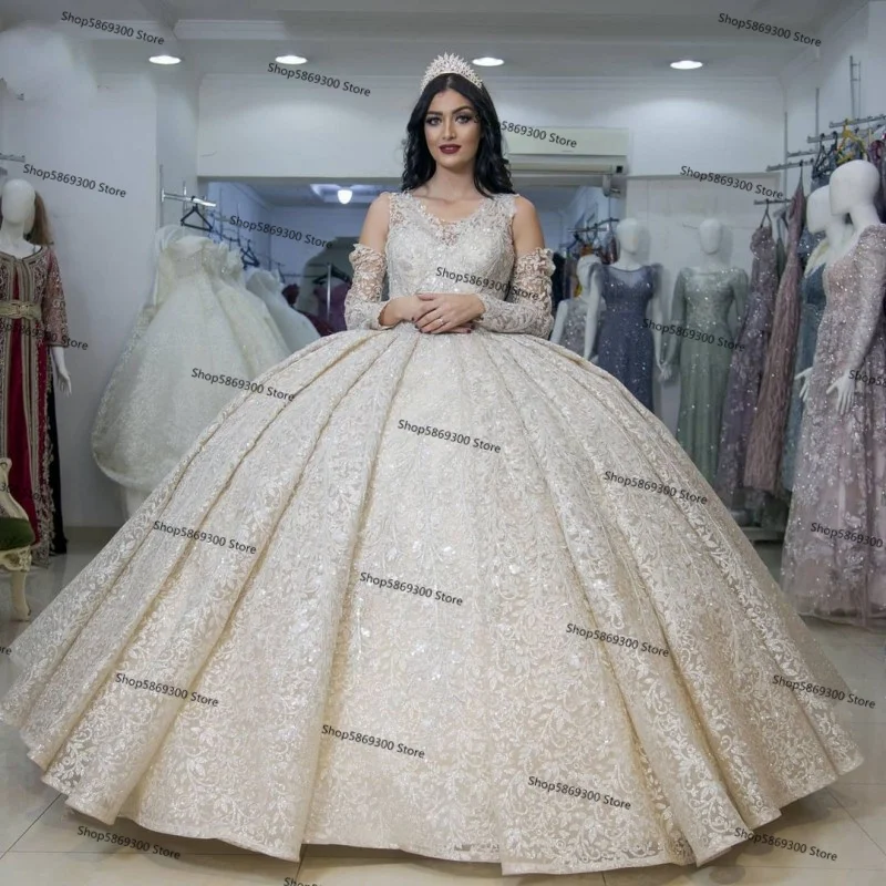 

Pincess Ivory Wedding Dresses Full Lace Long Sleeves puffy skirt Bridal Gowns Court Train Dubai vestido de fiesta de boda france