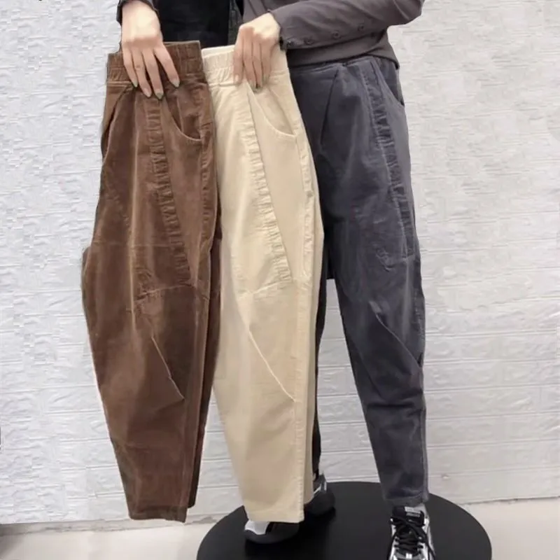 

Fashion Women Pant Winter Plus Size Elastic Waist Corduroy Pocket Harem Pants Long Pants Harlan Pants Long Trousers