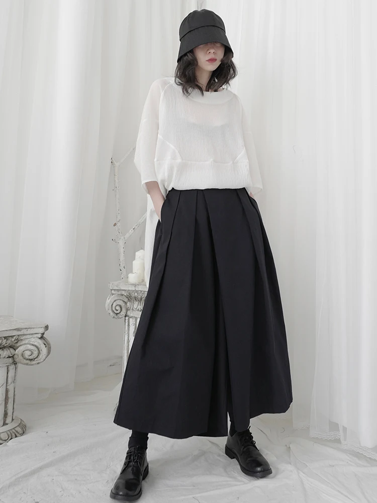 Yamamoto Black Capri Pants, high-waisted woman, slim, irregular, Japanese wide-legged Pants