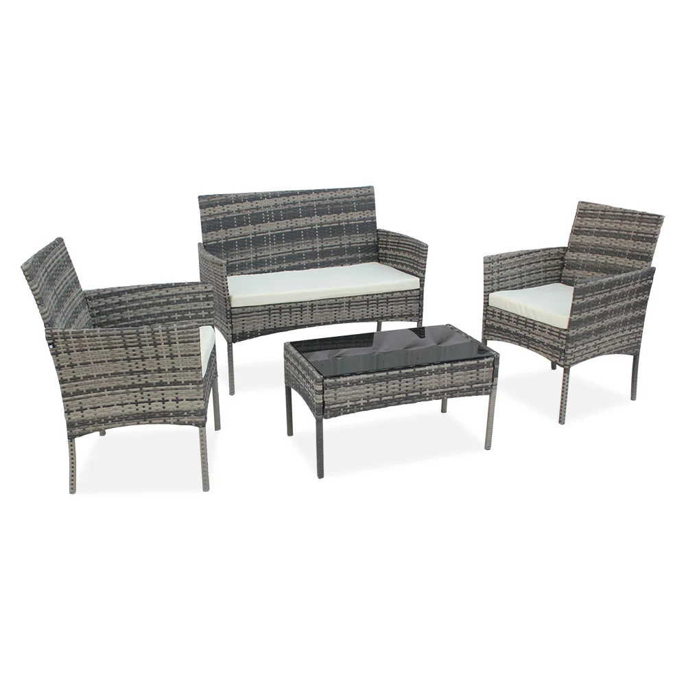 

Outdoor Living Room Balcony Patio Leisure Rattan Furniture 4-Piece Grey Including 1 Big 2 Small 3 Sofas & 1 Tea Table[US-Stock]