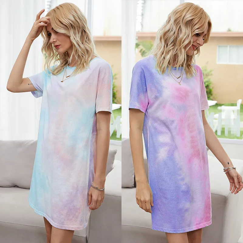 

OLOMLB 2021 Summer New Fashion Casual Cotton O Neck Gradient Short Sleeve Women Dress Loose Vacation Female Dresses Basic