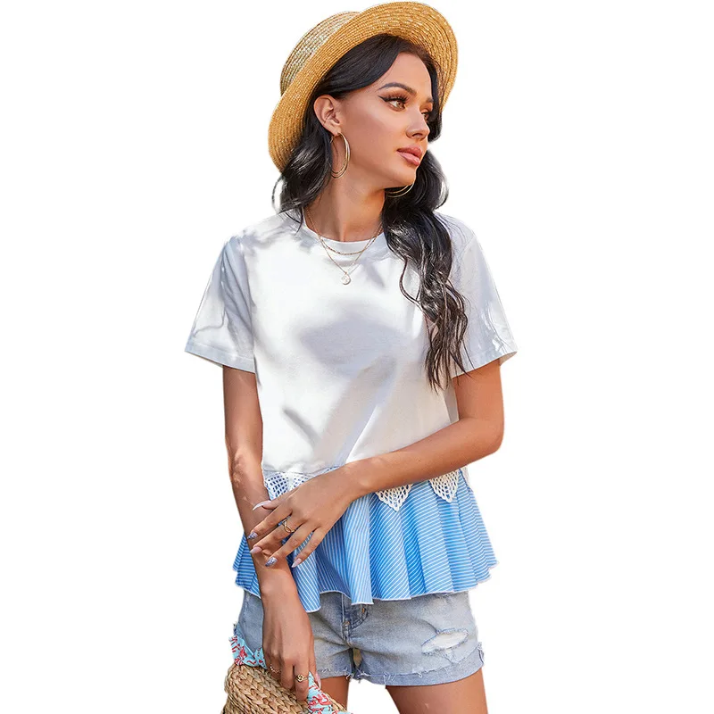 

Fashion Casual Solid 2021 Summer Women T-Shirts Womens Tops Loose O-Neck Lace Short Sleeve Women Top Tee Clothes Ropa De Mujer