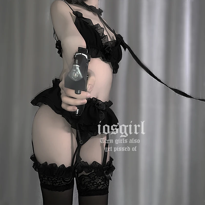 Японский Лолита милые оборки кружева Kawaii Babydoll сексуальное нижнее белье набор мягкая девушка черные пижамы костюмы для косплея