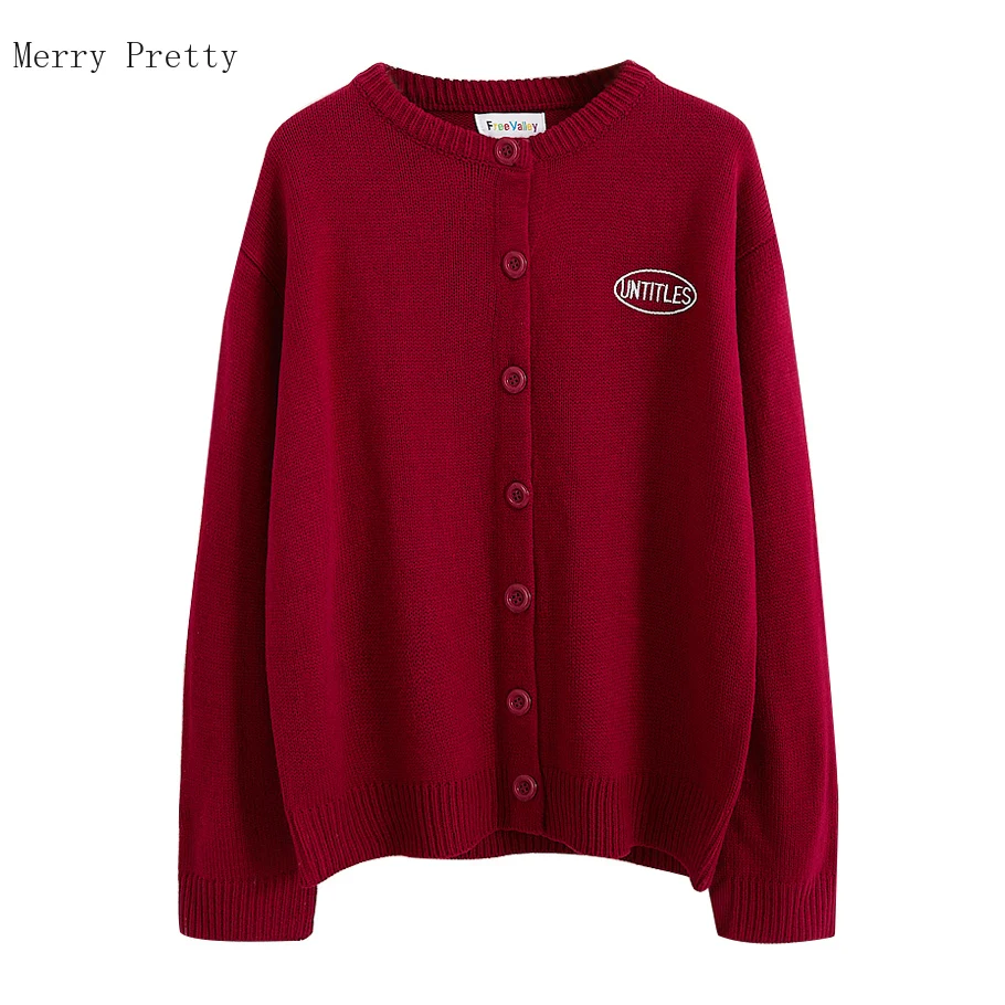 

Merry Pretty Women's Kawaii Ulzzang Red Letter Embroidery Sweater Cardigan Knitted Jumper Harajuku Loose cardigans For Girls
