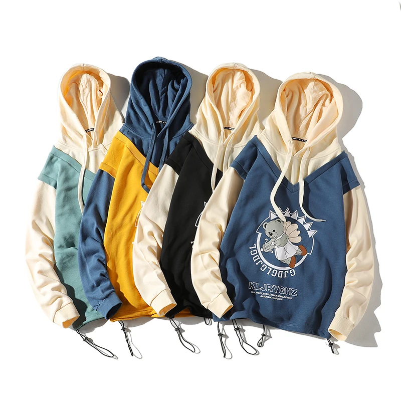 

Мужская толстовка с капюшоном и имитацией двух предметов, осенняя Толстовка для подростков, модная одежда, пуловеры с аниме-принтом, улична...