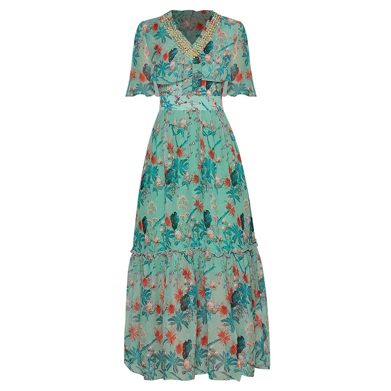 

Шифоновое платье с блестящими золотыми бусинами, зелеными листьями и красным цветочным принтом, женская одежда, длинное платье длиной ниже ...