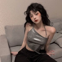 fashion sexy off shoulder backless bandage female y2k camisole summer new casual party vacation beach slim shiny silver crop top