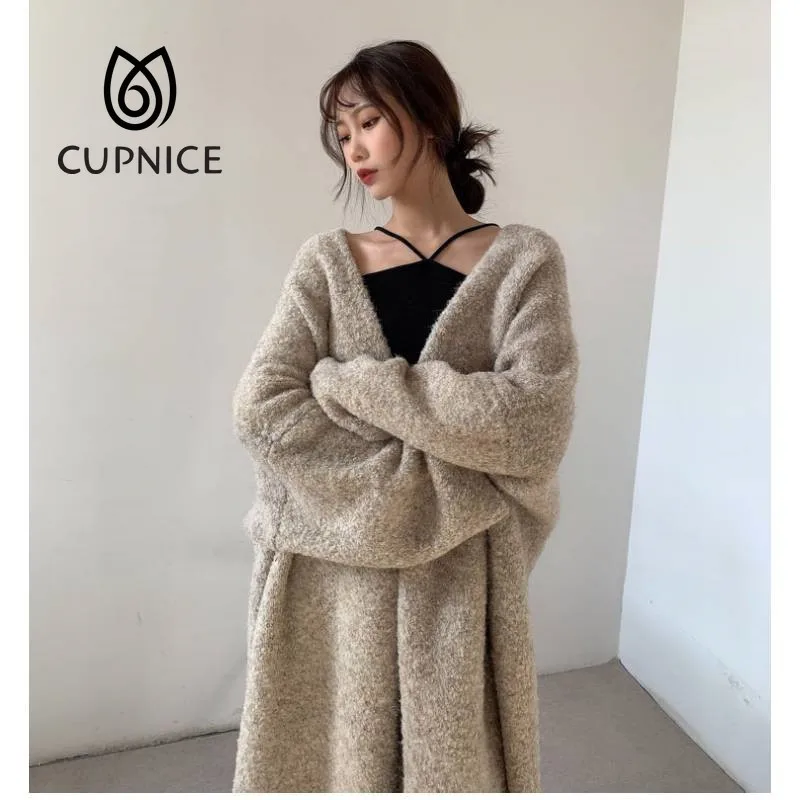 

Новый женский Повседневный Кардиган CUPNICE на осень и зиму, однотонная свободная элегантная винтажная Офисная Женская Толстая Вязаная Шаль в...