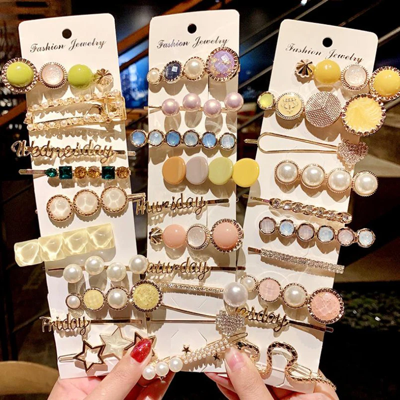 

5Pcs/Set Fashion Girls Pearls Hair Clip Letter Alloy Barrettes High Quality Rhinestone Geometric Hairpins Headband Hair Ornament