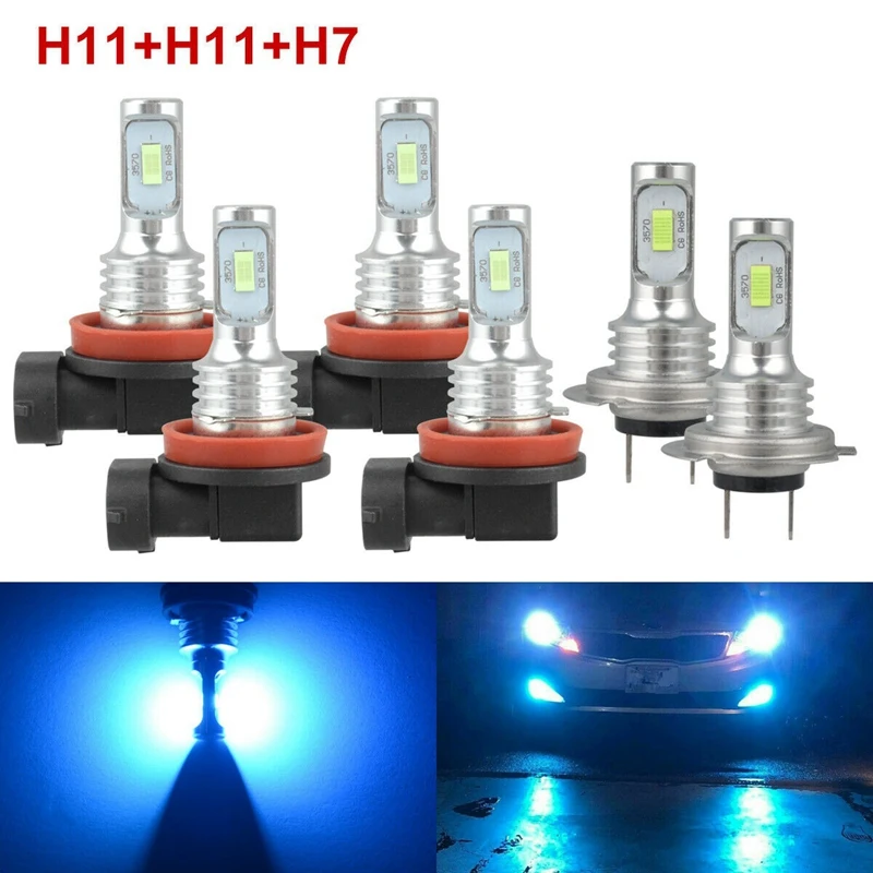 

LED Headlight Combo H7+H11+H11 High Low Beam+Fog Light Bulbs Kit 8000K Ice Blue