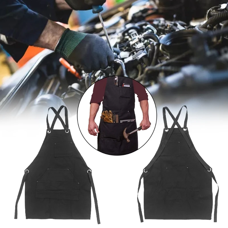 

Men Women Black Canvas Adjustable Work Tool Apron with Pockets for Gardening Carpenters Woodworkers Baker Cooking BBQ Grill M17E