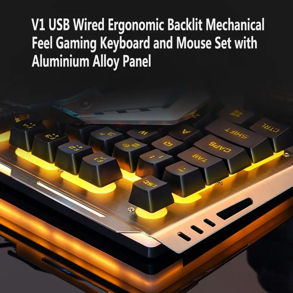 v1 usb wired ergonomic backlit mechanical feel gaming keyboard and mouse set tungsten gold gamer laptop computer gaming set free global shipping