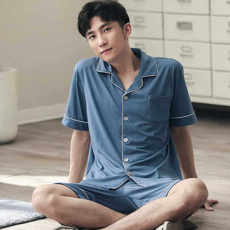 Однотонный синий пижамный комплект Мужская одежда для сна джентльмена домашняя