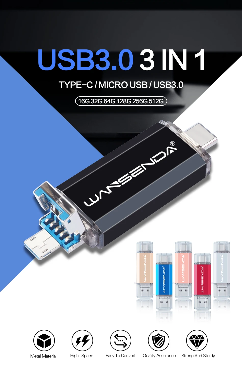 WANSENDA OTG 3 в 1 флеш-накопитель USB 3,0 usb-накопитель type-C 32 Гб 64 Гб 128 ГБ 256 ГБ 512 ГБ флеш-накопитель для Android мобильных устройств/ПК