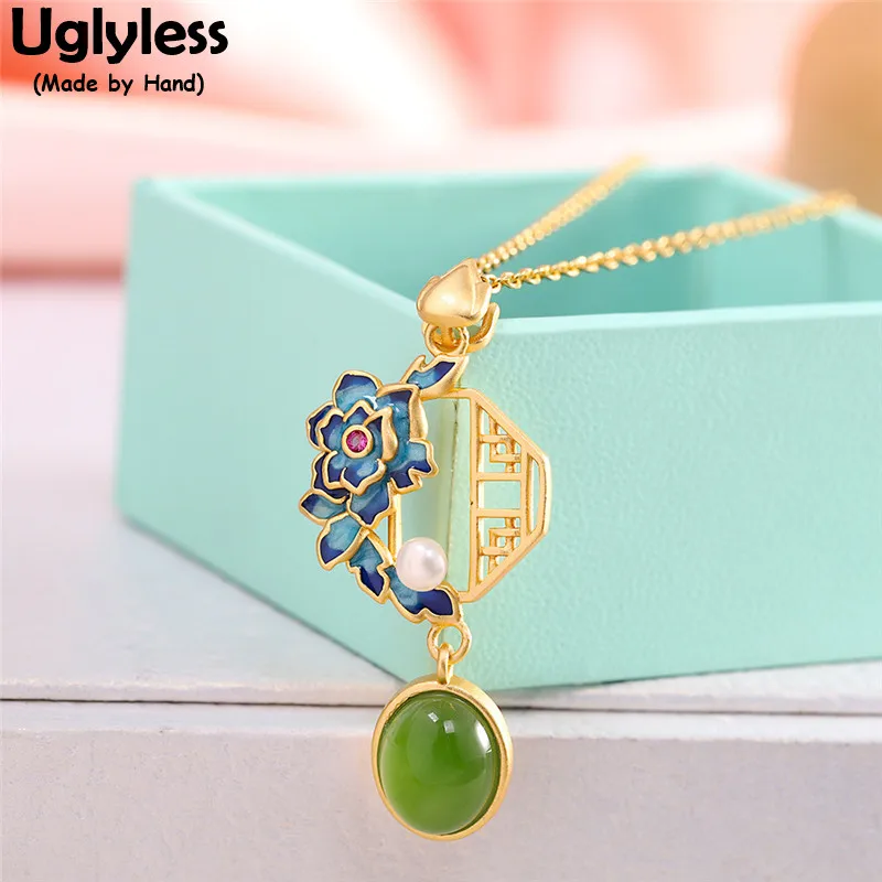 

Uglyless Enamel Flowers Pendants Women China Chic Grilles Necklaces NO Chains Natural Jasper Green Jade Jewelry Retro 925 Silver