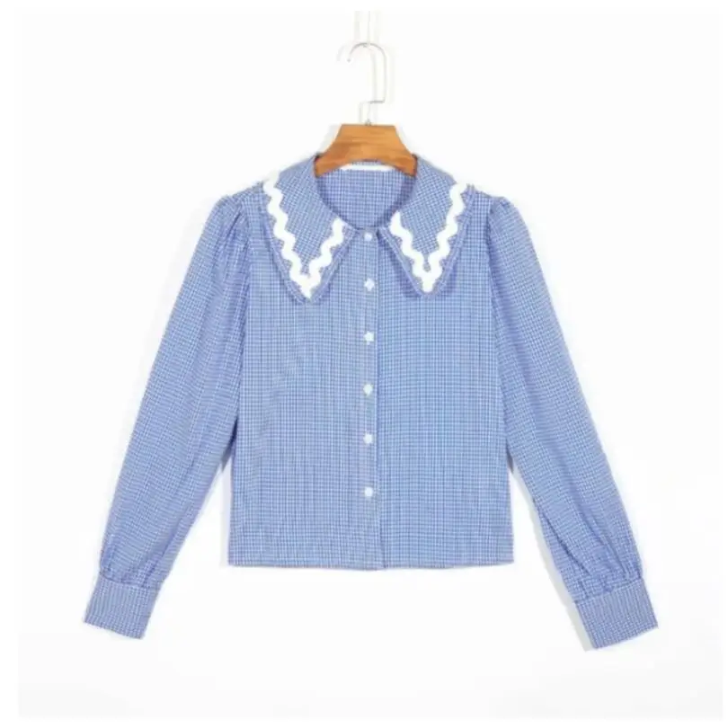 

Trendy Blue Plaid Blouses 2021 Autumn Women Fashion Long Sleeve Shirt Peter Pan Collar Blouses Shirt Female Blusas Tops w422
