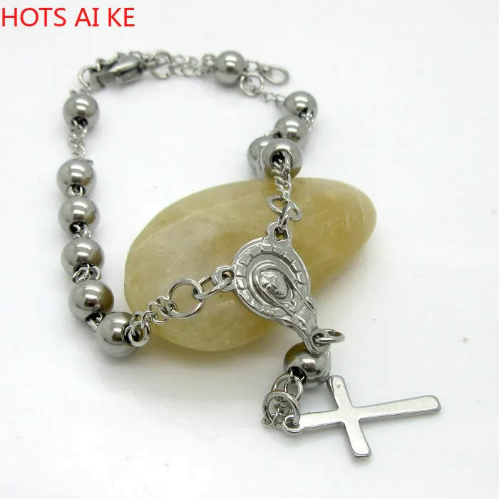 

Fashion High Quality Bracelets Length 185mm+50mm Stainless Steel Bead Women Bracelet With Cross Pendant Rosary