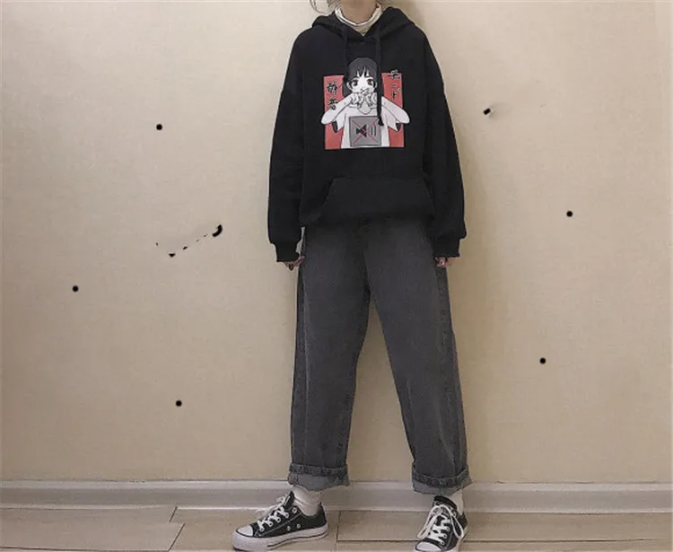 Harajuku Kawaii аниме девушка с капюшоном Толстовка японский Винтаж милый черный флис толстовка с рисунком женский объемный пуловер