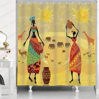 Black Girl Shower Curtain African American Women Egyption Colorful Fashion Clothes Yellow Tropical Desert Animal Decor