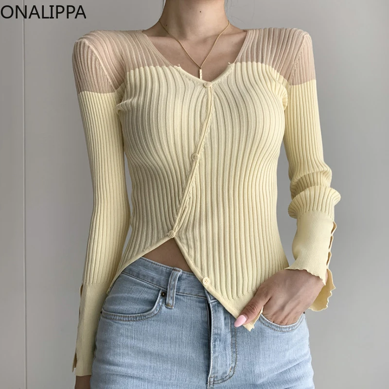 

Женский свитер ONALIPPA в Корейском стиле с V-образным вырезом и контрастными цветами