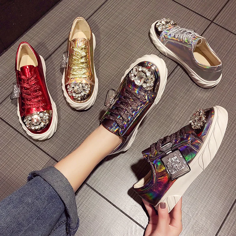 Прямая поставка женский кроссовки Новая обувь со стразами Женская на плоской