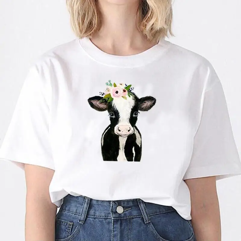

Футболка женская с забавным принтом коровы и цветов, модный топ с принтом животных, любителей фермы, Повседневная рубашка, на лето