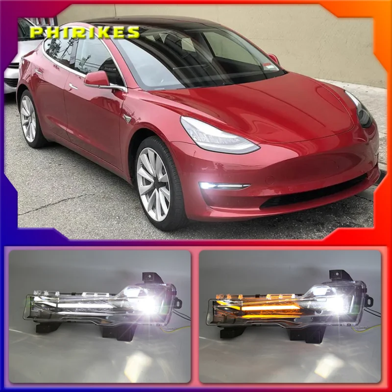 

For Tesla Model 3 Model Y 2017-2021 LED Front Bumper Fog Lamp Day Daytime Running Light Car Turn Signal Drive Indicator