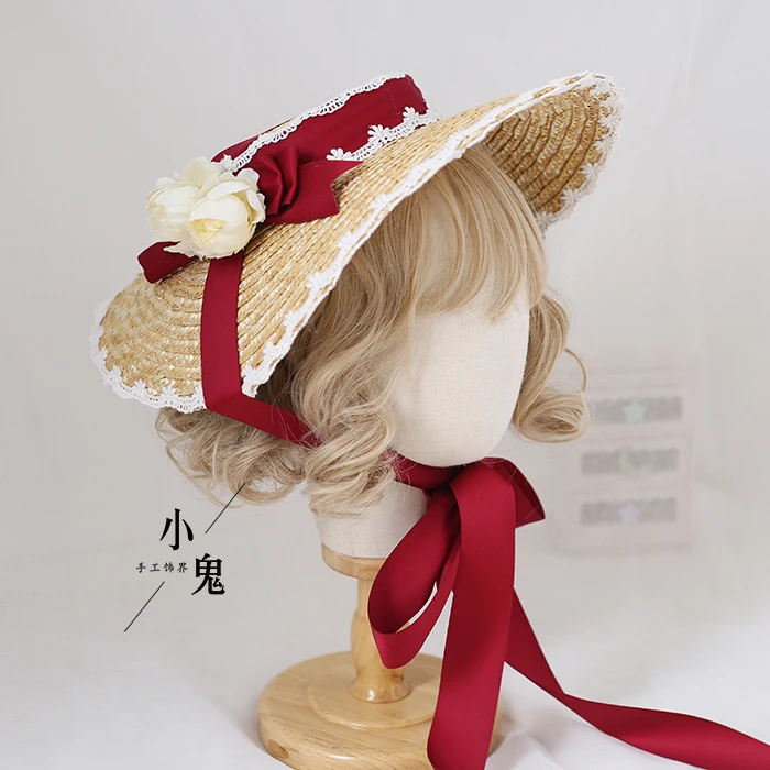 

French Sweet Lolita Lace Bandge Bow Straw Hat Flat Hat Summer Cosplay Pastoral style Mori Girl Tea Party Sunhat Beach Cap
