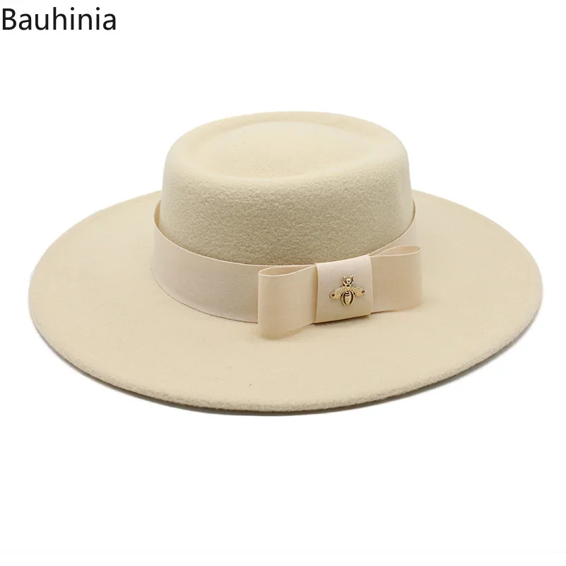 

New Winter Bow Ribbon Wool Jazz Fedora Hats 8.5CM Big Brim Women Elegant Derby Top Hat Panama Trilby Formal Party Cap