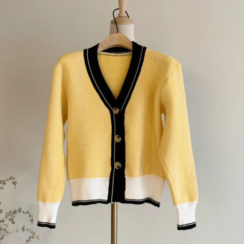 

Autumn Women French Style Elegant V-neck Knitted Sweaters Office Lady Chic Single Breasted Panelled Cardigans All-match Jackets
