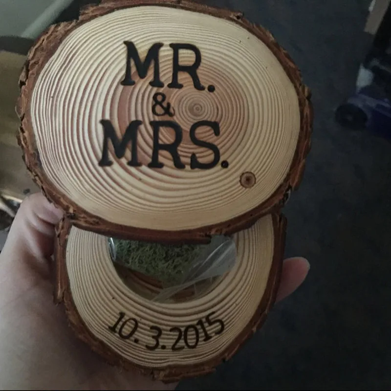 Customized Rustic ring pillow Wooden slice wedding Ring Box Engraved Jewelry Engagement Holder woodland decor | Дом и сад