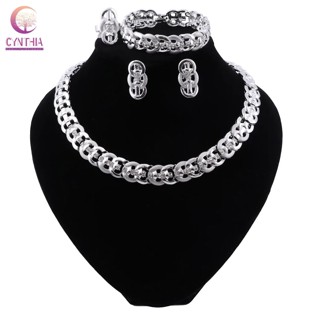 

CYNTHIA New Dubai Fashion Jewelry Sets Women Silver Color Necklace Bracelet Earrings Ring Wedding Bridal Jewelry Accessories