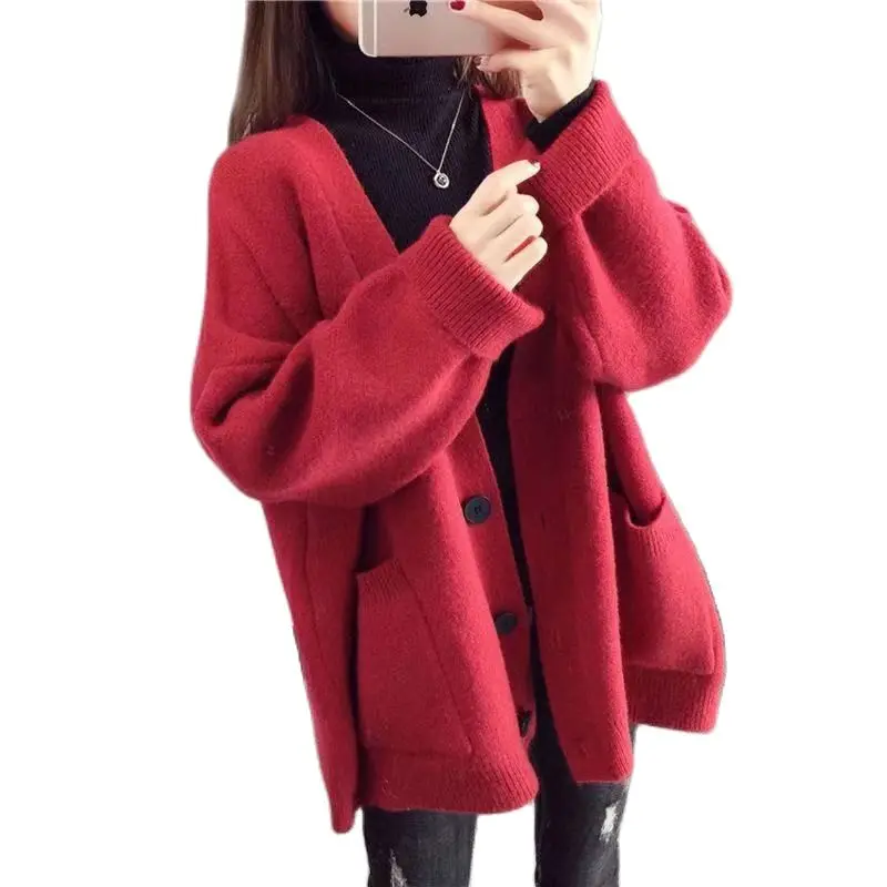 

Knitted Cardigan Women 2021 New Autumn and Winter Korean Version Thickened Lazy Wind Loose Student Sweater Coat Fashion