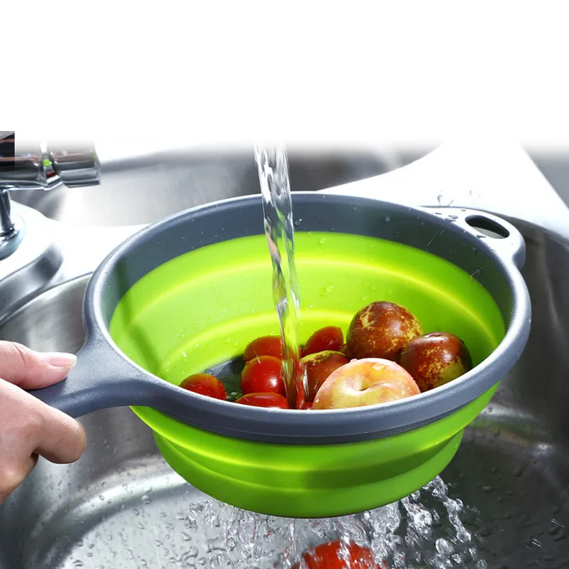 

Folding With Handle Silicone Plastic Colander Drain Basket Fruit Vegetable Washing Strainer Drainer Kitchen Accessories