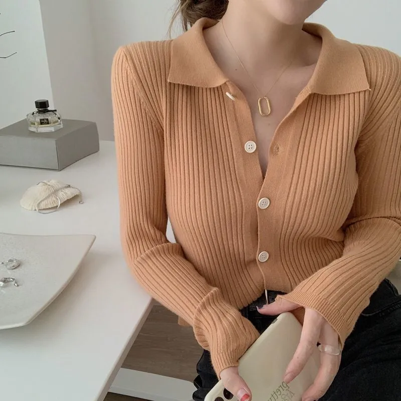 

Women Polo Collar Full Sleeve Single Breasted Knitted Cardigans Autumn Spring Slim Knitwear Female Solid Buttons Sweater Coat