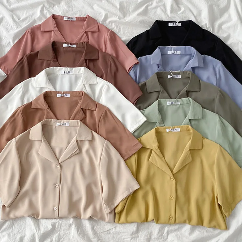 

Casual Basic Short Sleeve Blouse Women V-neck Loose Office Formal Shirt Female Fashion Blue Yellow Cardigan Tops