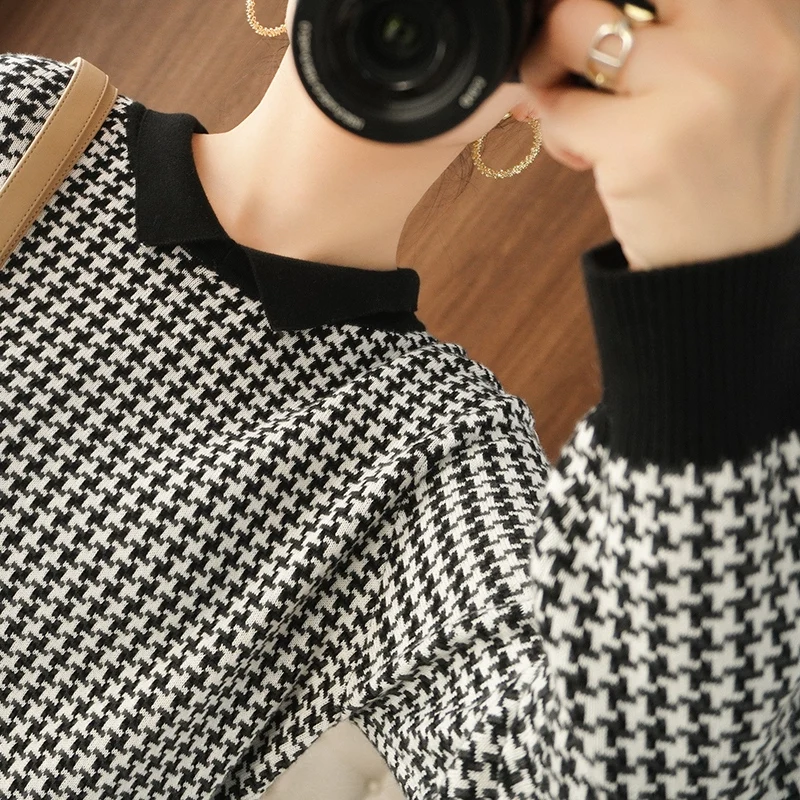 Свитер женский из чистого хлопка трикотажный пуловер с воротником гусиные лапки