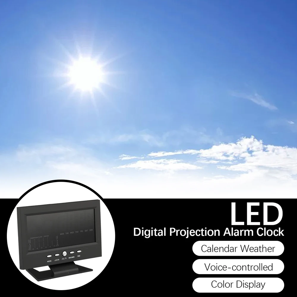 

LED Digital Projection Alarm Clock Loud Snooze Calendar Weather Color Display Humiture Calendar Voice-controlled Weather Clock