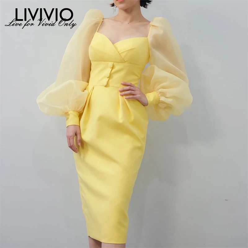 [LIVIVIO] прозрачное пышное платье из органзы с длинным рукавом облегающее сексуальное платье-карандаш миди Женская корейская модная одежда